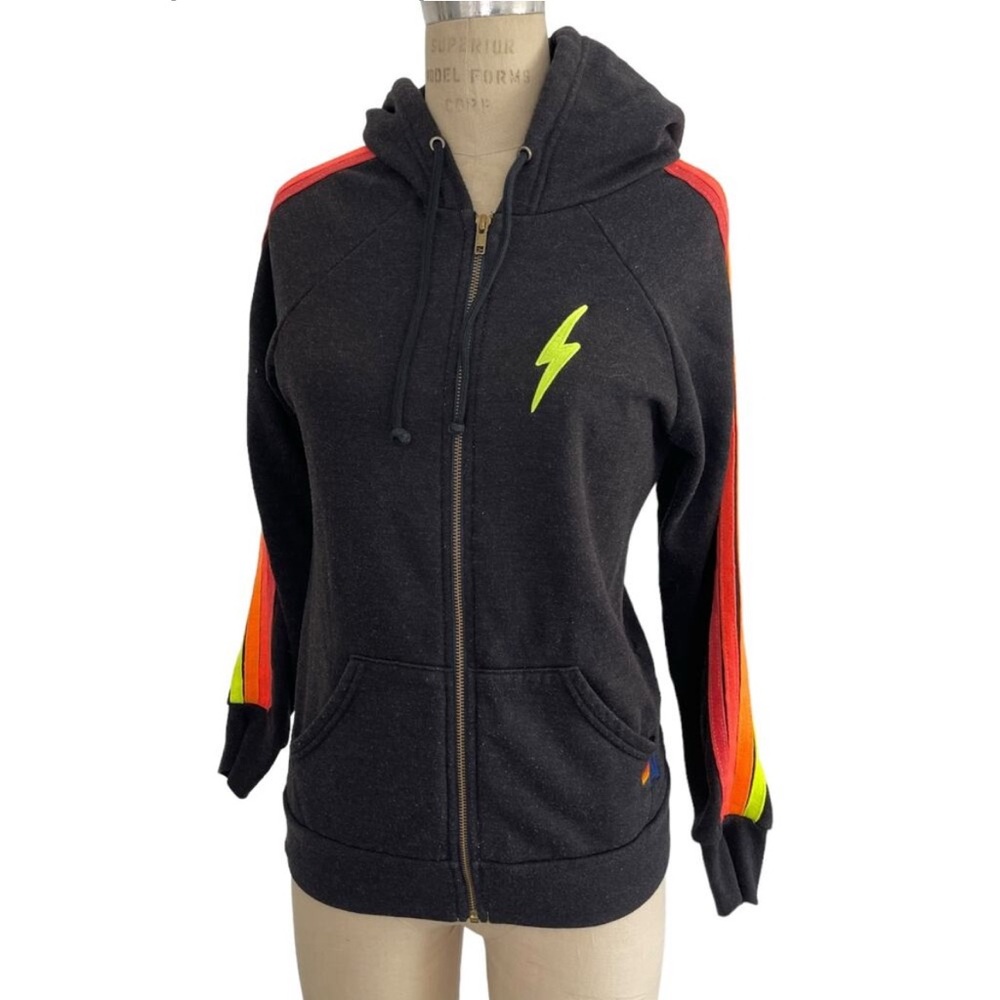 Aviator Nation Bolt Hoodie Neon Stripes Size Small Womens Charcoal Gray